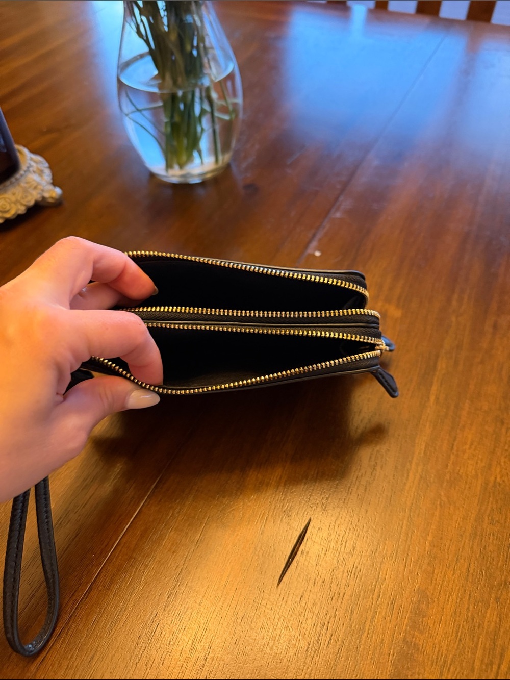 Coach Black Pebbled Leather Zip Wristlet with Gold Logo - Picture 2 of 3